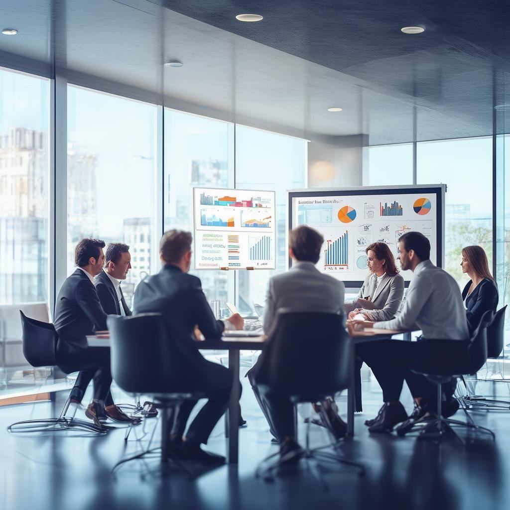 A realistic digital illustration of a group of professionals engaged in a discussion around a conference table A realistic digital illustration of a group of professionals engaged in a discussion around a conference table