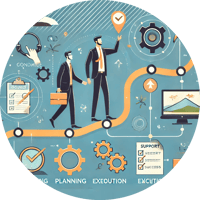 An illustration of a guided journey where a professional consultant is leading a client through different stages of a project. A dotted line connects An illustration of a guided journey where a professional consultant is leading a client through different stages of a project. A dotted line connects
